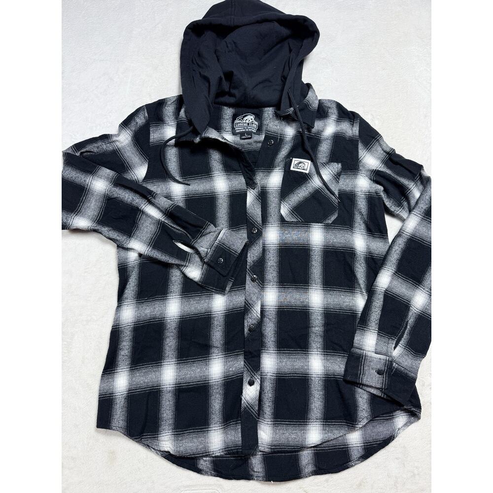 Lurking Class by Sketchy Tank Rose Hooded Flannel Shirt Black White Plaid Sz Lg